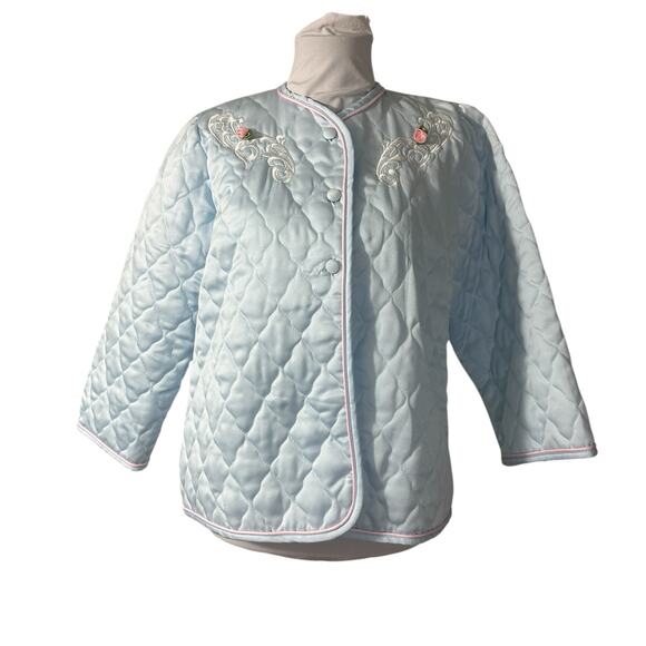 Vintage 1980s Appel Satin Nylon Blue Quilted Bed Jacket Robe S - Picture 2 of 7